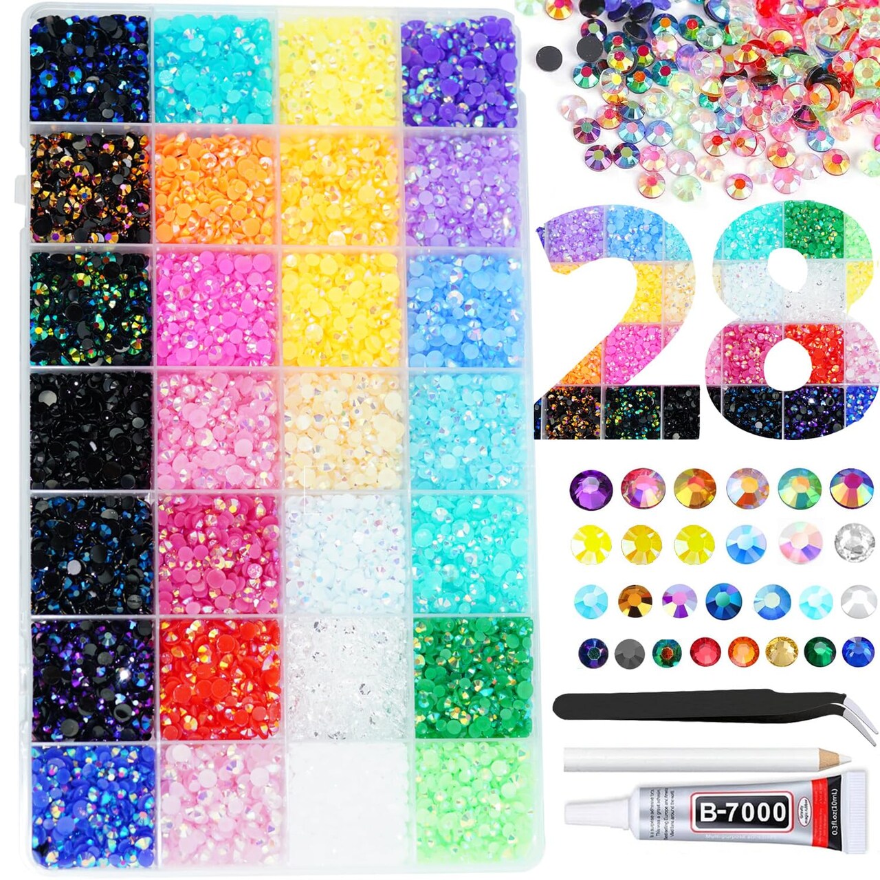 22000Pcs Mixed Size Flatback Resin Rhinestones – 3/4/5mm with B7000 Glue (28 colors)